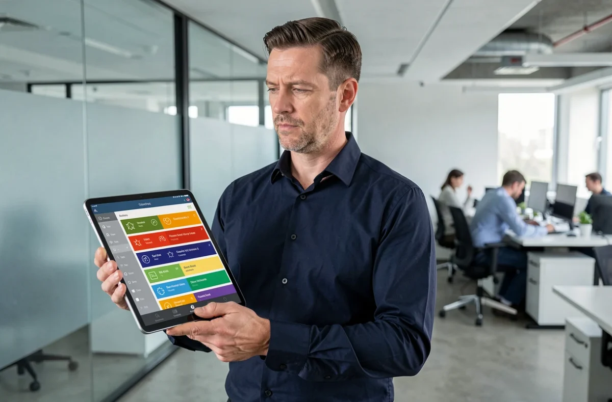 Homme en bureau moderne tenant une tablette affichant une application de calcul de signes astrologiques pour comparer les options disponibles