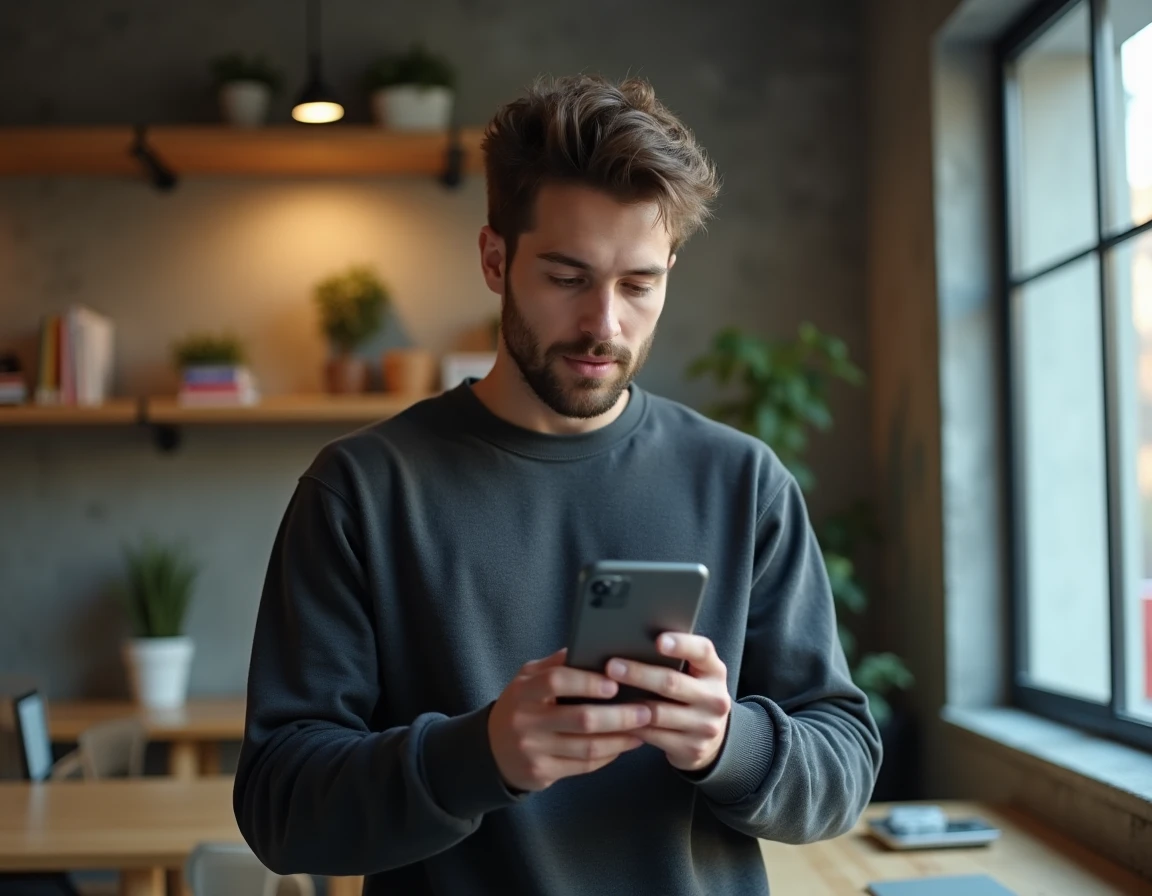 Jeune homme tenant un prototype de smartphone Tesla et examinant son interface dans un espace de coworking