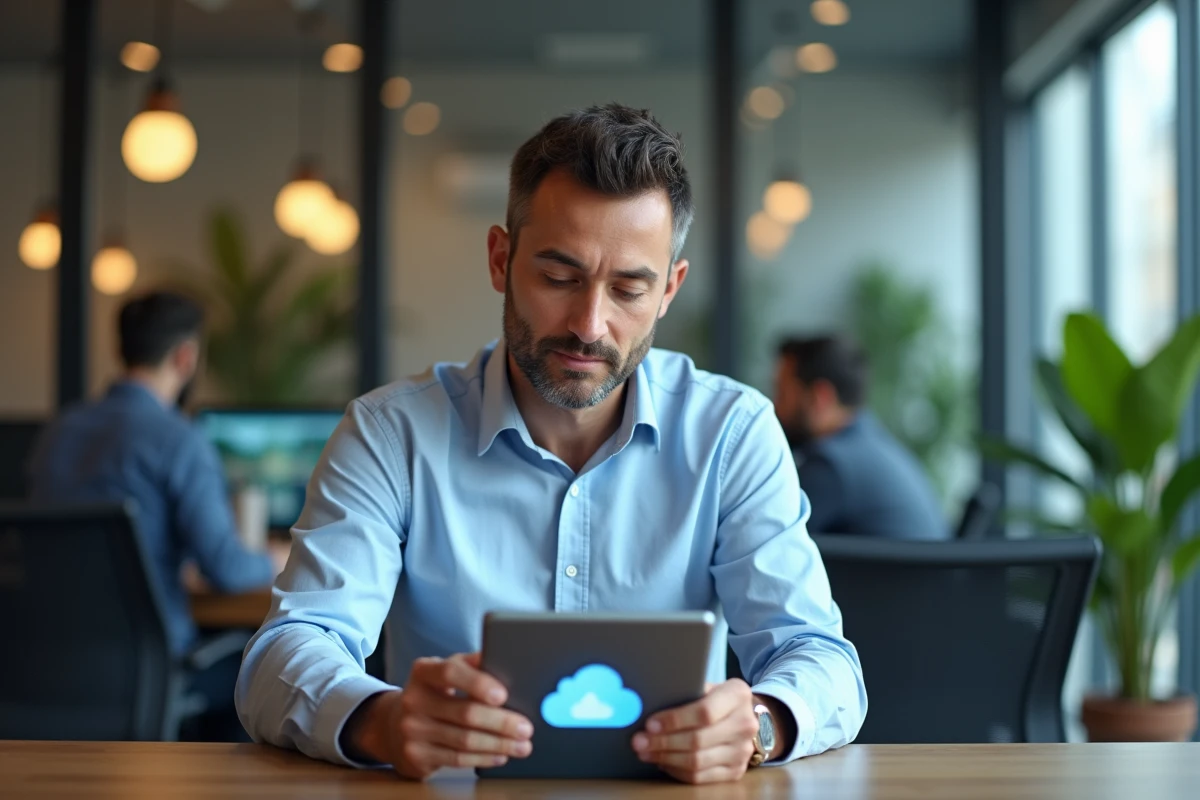 Homme connectant tablette et ordinateur dans un espace de travail