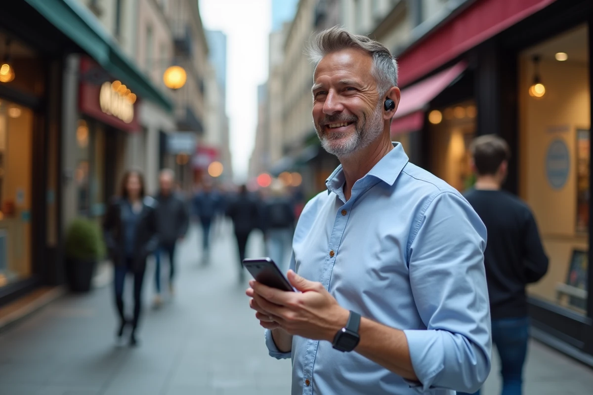 Homme en ville activant la recherche vocale sur smartphone