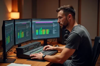 Ingénieur du son ajustant une console de mixage PreSonus StudioLive dans un studio d'enregistrement professionnel avec interface logicielle visible à l'écran