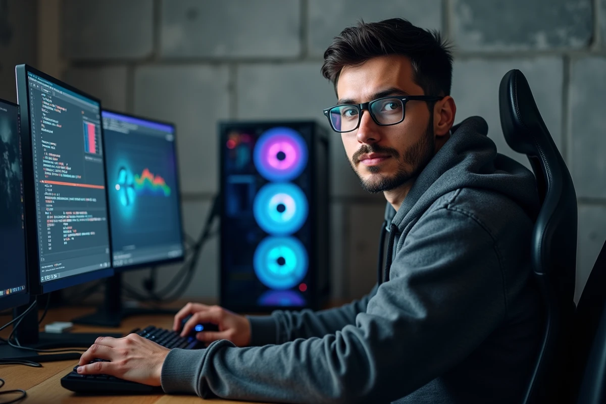 Ingénieur en machine learning travaillant sur une station de travail avec carte graphique dédiée à l'IA
