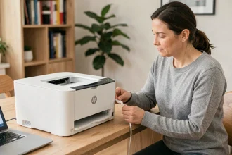 Femme installant une imprimante HP sur un bureau en bois à domicile en connectant un câble USB à un ordinateur portable