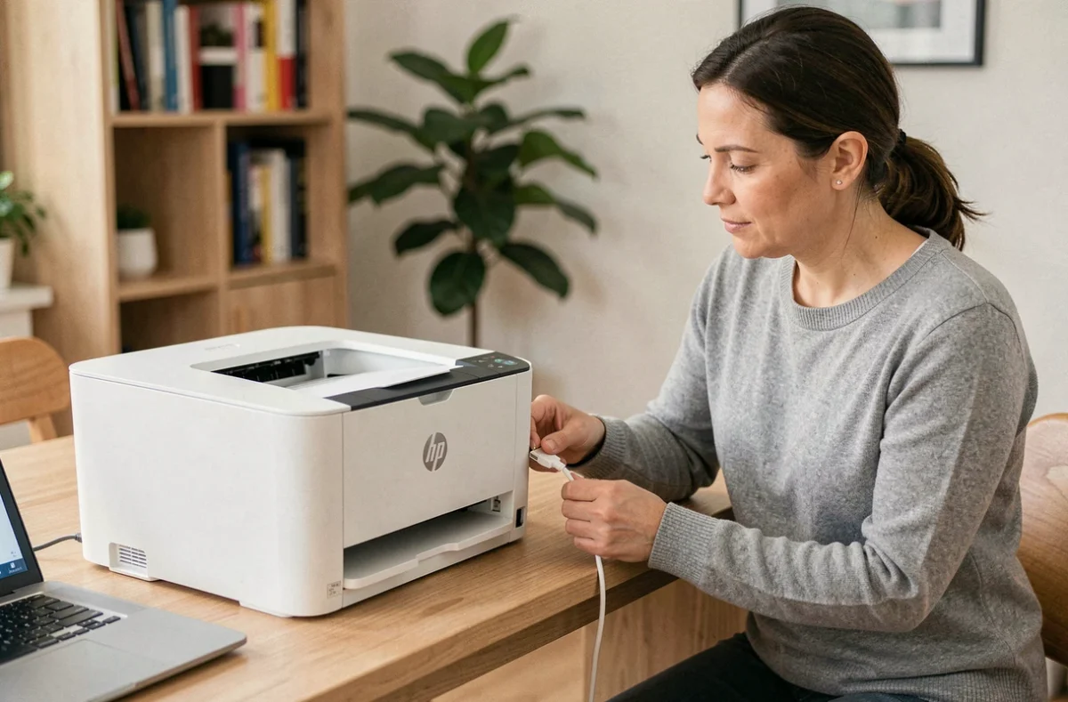 Femme installant une imprimante HP sur un bureau en bois à domicile en connectant un câble USB à un ordinateur portable