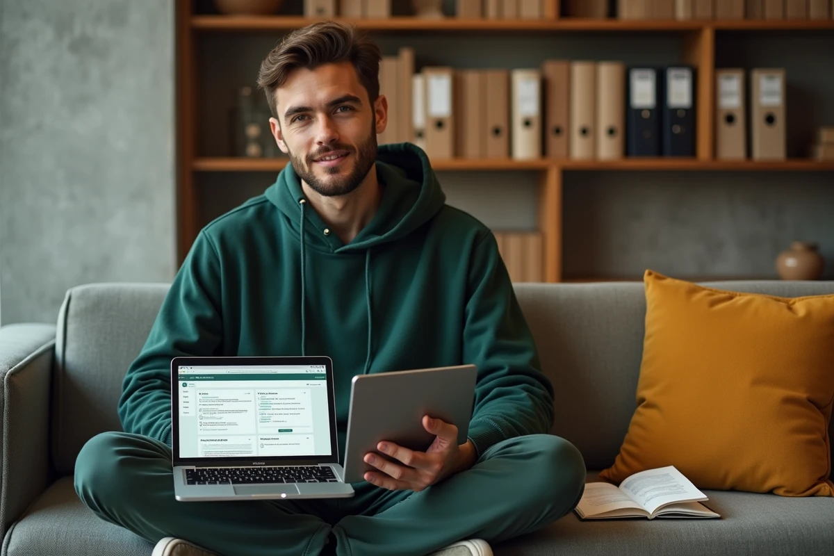 Jeune employé consultant le portail de support de l'intranet Normandie sur son ordinateur portable dans un espace collaboratif