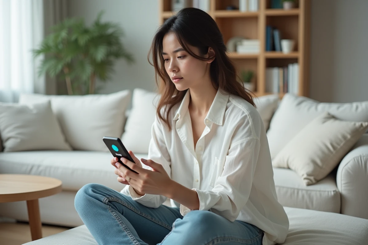 Jeune femme hésitante sur un canapé regardant le cercle bleu WhatsApp lié à la confidentialité