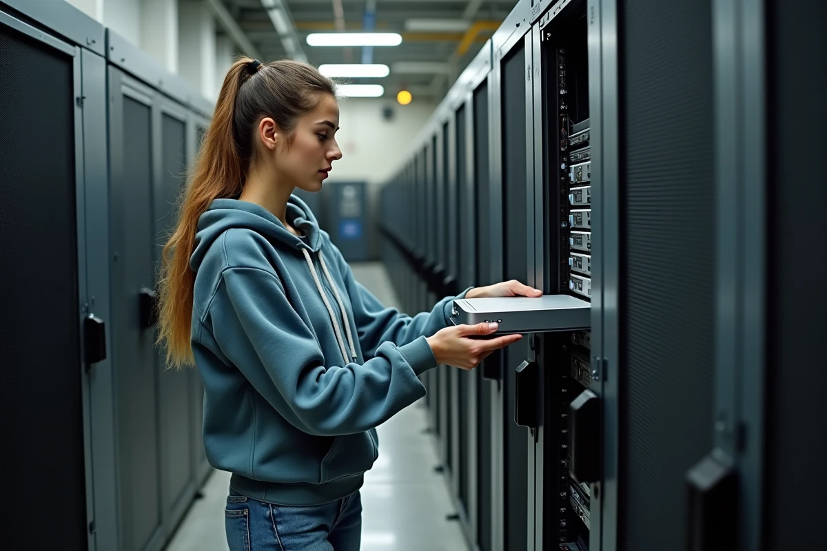Jeune femme installant un serveur edge dans un environnement industriel