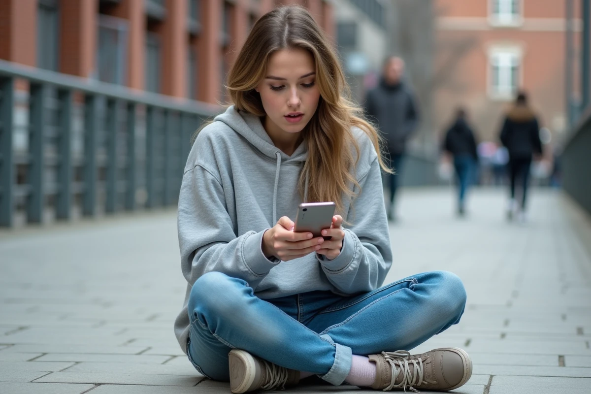 Jeune femme surprise vérifiant une notification en extérieur