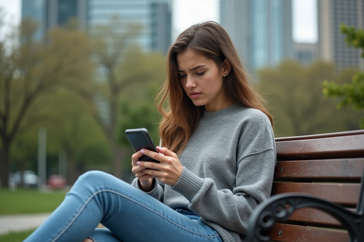 Jeune femme assise dans un parc urbain frustrée par notifications