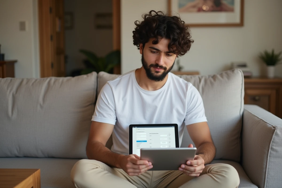 Jeune homme sur un canapé remplissant un formulaire d'inscription en ligne sur tablette avec champs de navigateur