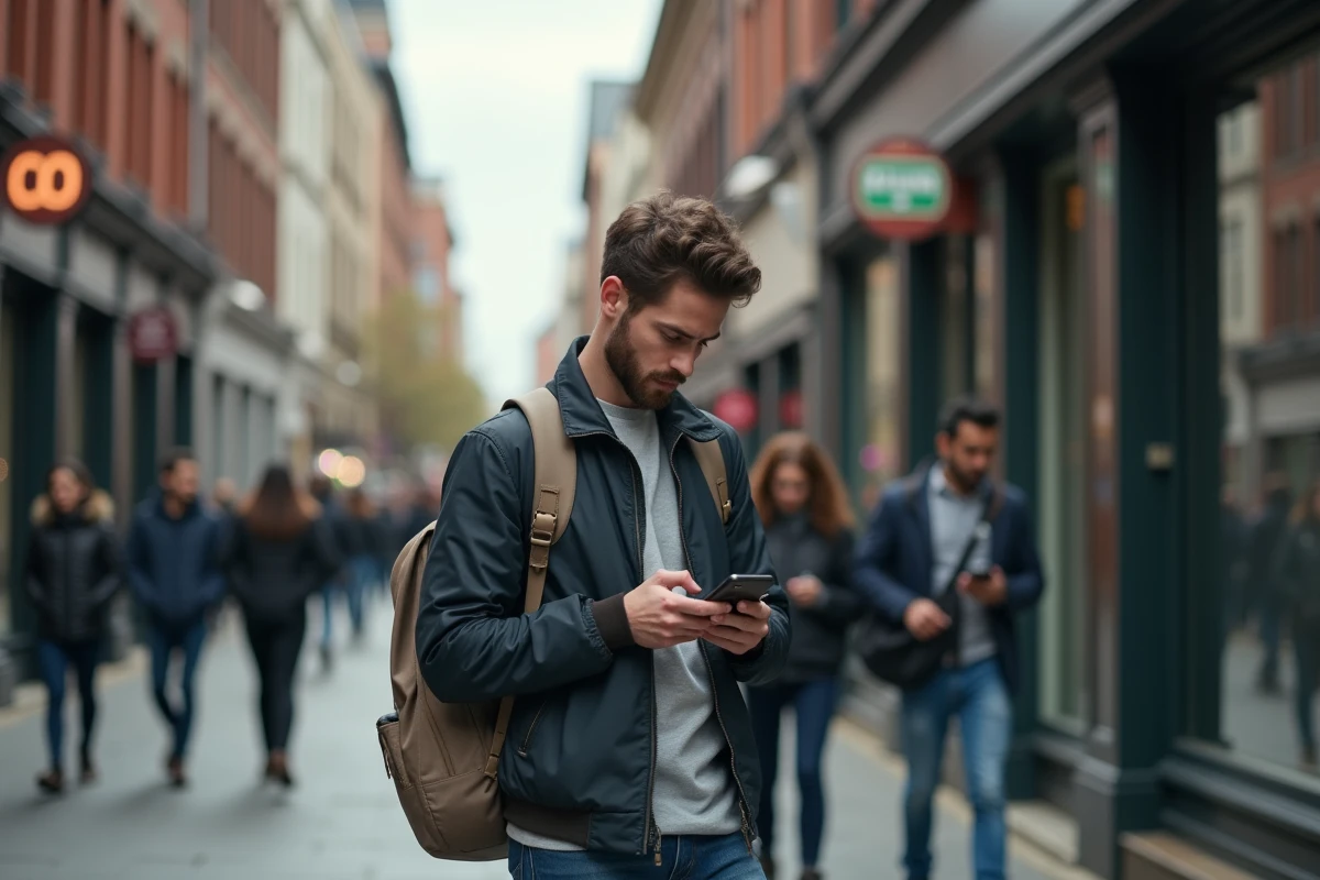 Jeune homme dans la rue urbaine consulte son téléphone