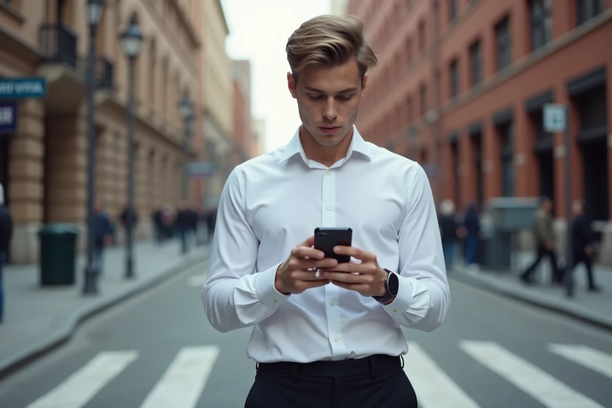 Jeune homme dans la rue regardant son téléphone