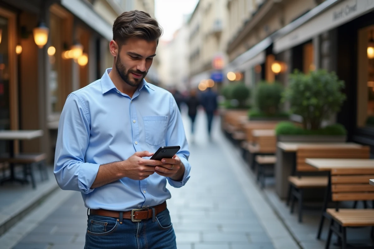 Jeune homme dehors vérifiant ses performances publicitaires sur smartphone