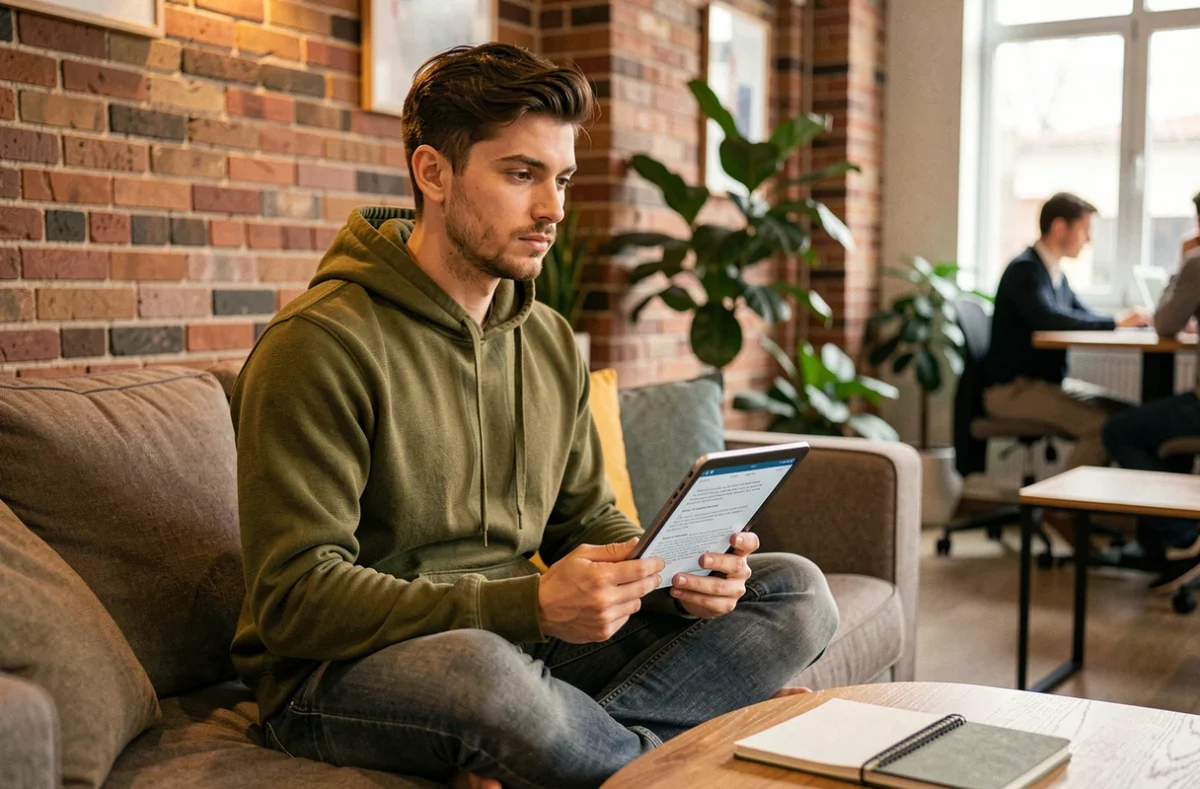 Jeune professionnel consultant du contenu numérique sur une tablette dans un espace de coworking, symbolisant la vigilance juridique et la responsabilité en ligne