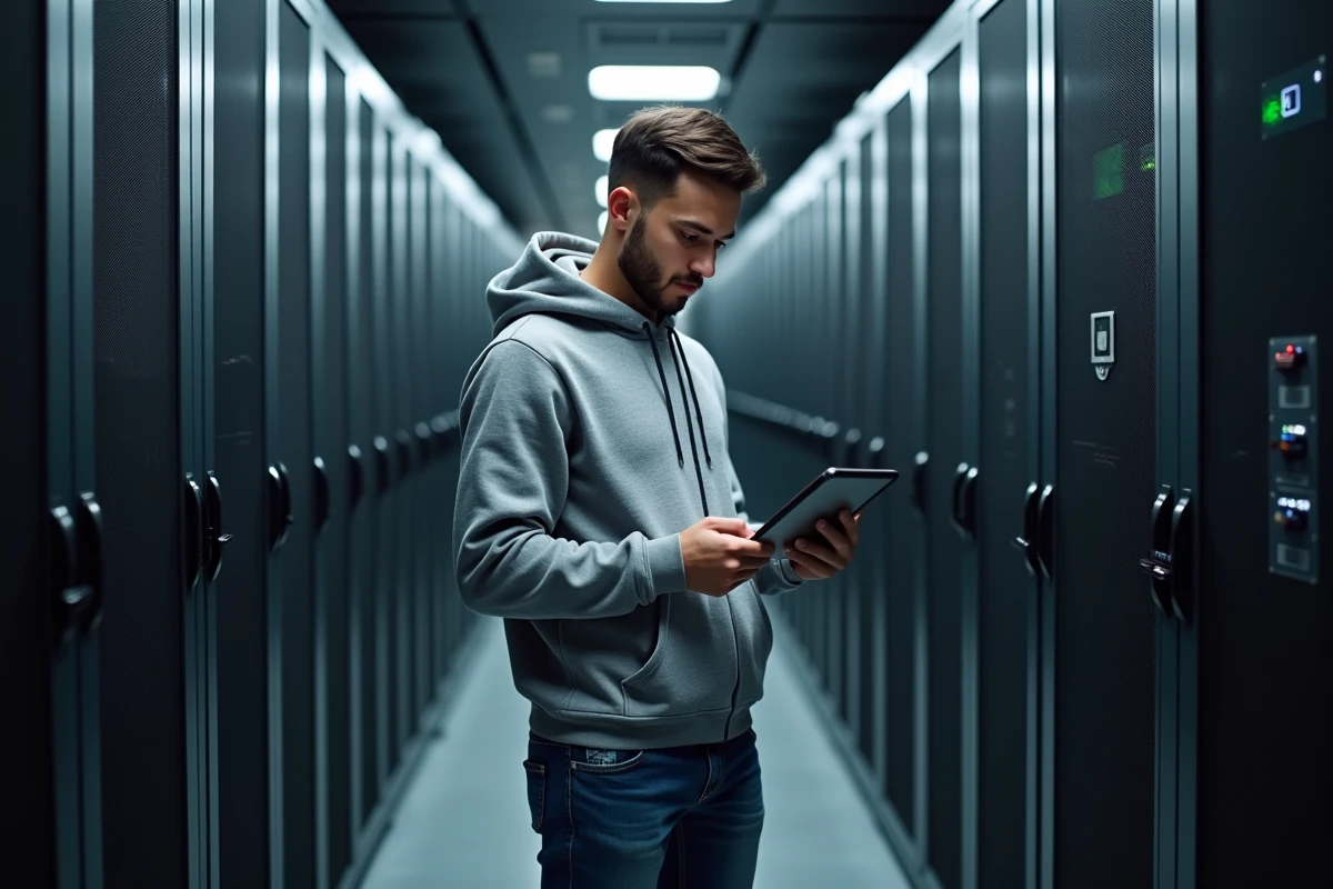Jeune homme en salle serveurs avec sa tablette