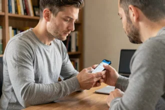 Homme lisant un document PDF sur un smartphone Android depuis son bureau à domicile