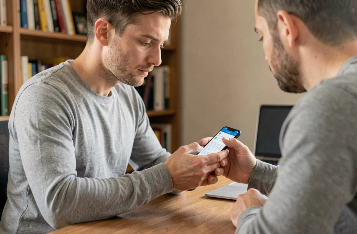Homme lisant un document PDF sur un smartphone Android depuis son bureau à domicile