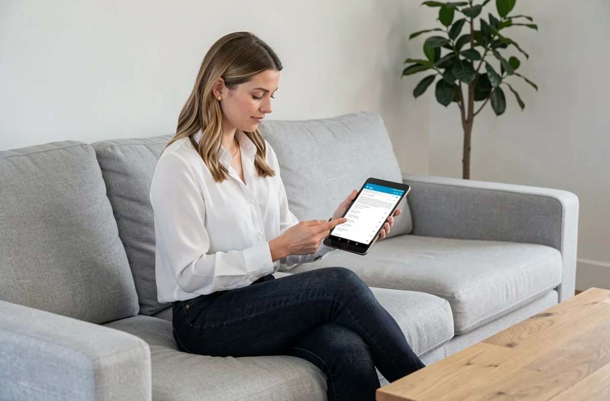 Femme consultant un PDF sur une tablette Android dans un salon moderne