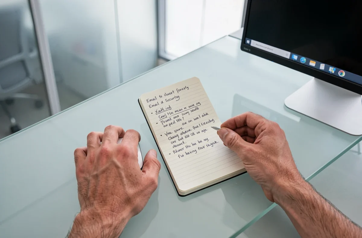 Mains prenant des notes sur la sécurité des adresses Gmail jetables devant un écran d'ordinateur de bureau