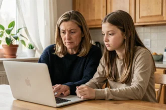 Une mère et sa fille adolescente consultent ensemble le blog SESE sur un ordinateur portable à la table de cuisine