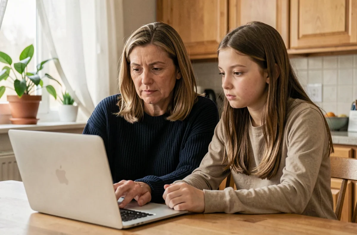 Une mère et sa fille adolescente consultent ensemble le blog SESE sur un ordinateur portable à la table de cuisine