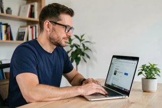 Homme mettant à jour le navigateur Google Chrome sur un ordinateur portable dans un bureau à domicile