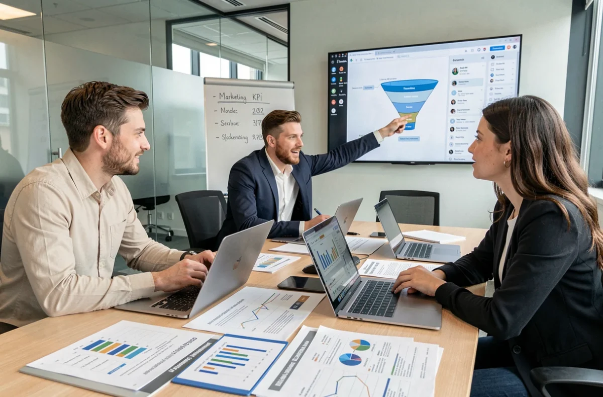 Équipe de l'agence NEWP en réunion de stratégie web et marketing digital, entourée de rapports analytiques et de tableaux de bord numériques