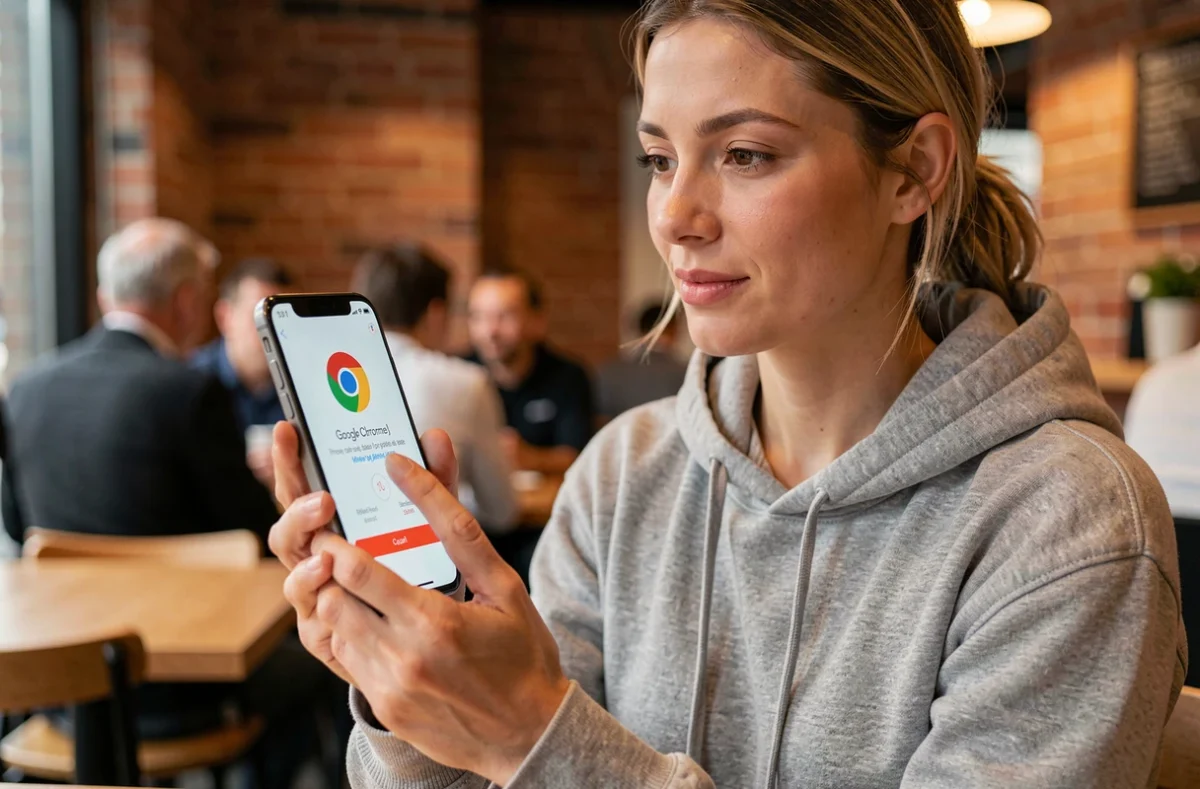 Femme consultant une notification de mise à jour Google Chrome sur son smartphone dans un café