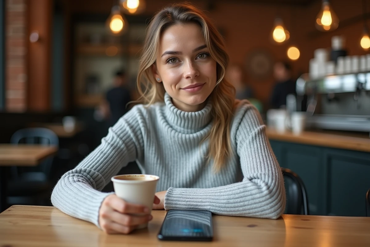 Femme optimisant les paramètres du Samsung Galaxy A25 5G dans un café urbain
