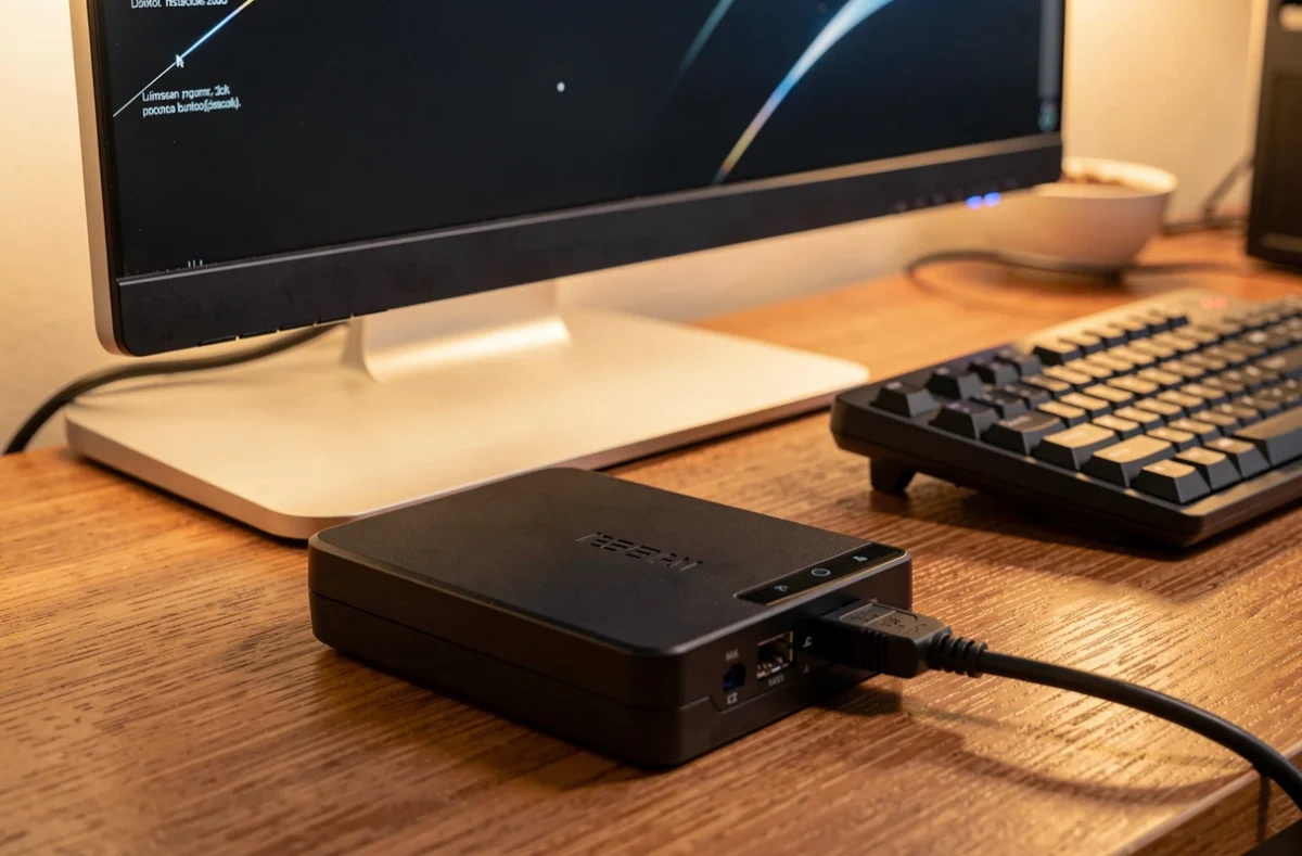 Ordinateur, disque dur externe et câble réseau posés sur un bureau