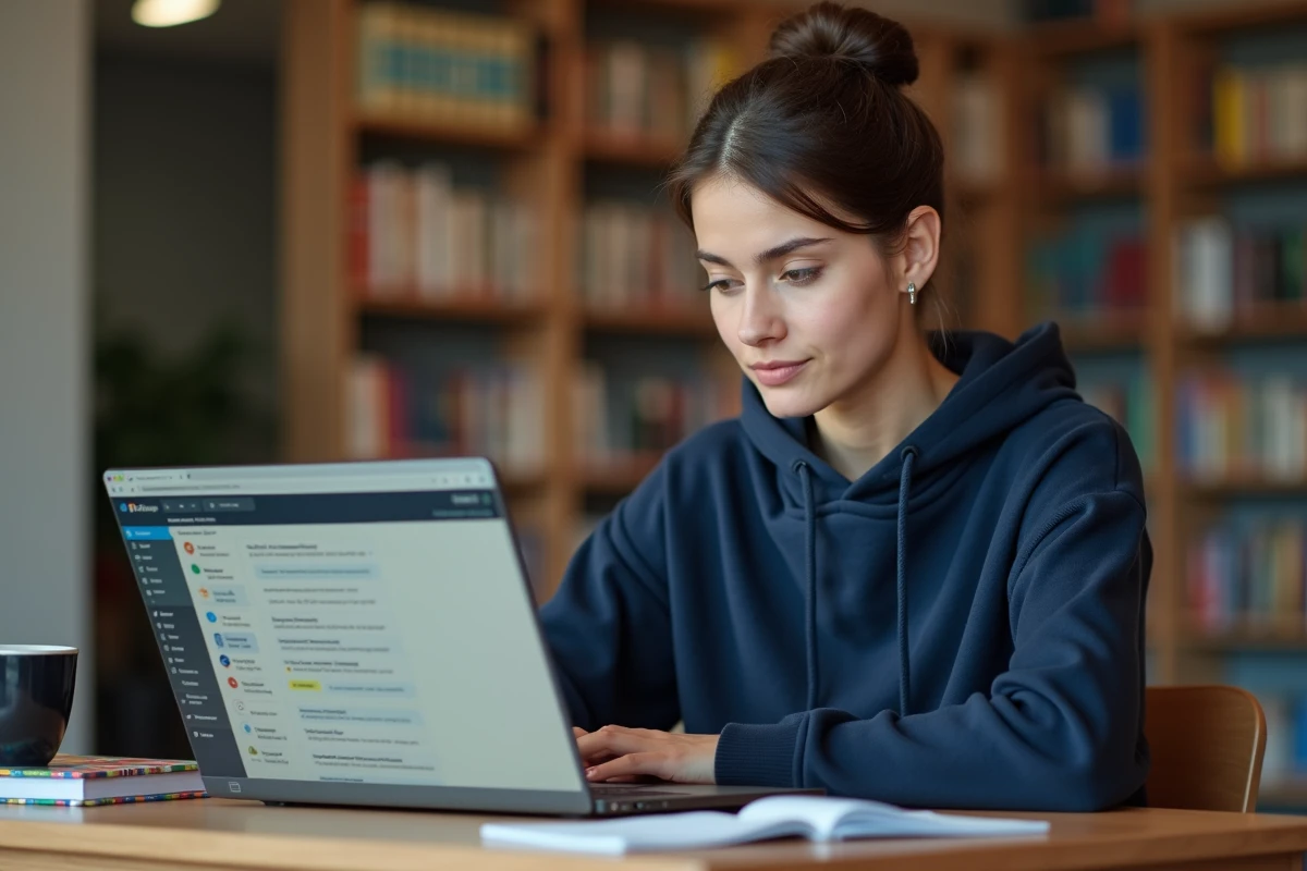 Étudiante organisant ses mails sur le webmail Grenoble INP depuis un ordinateur portable en bibliothèque universitaire