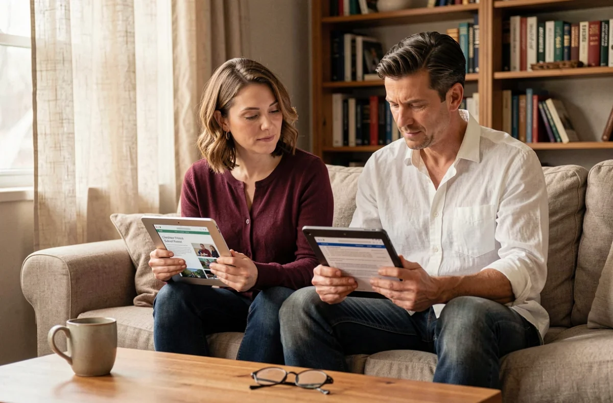 Deux parents assis sur un canapé consultent les fonctionnalités du blog SESE sur leurs tablettes