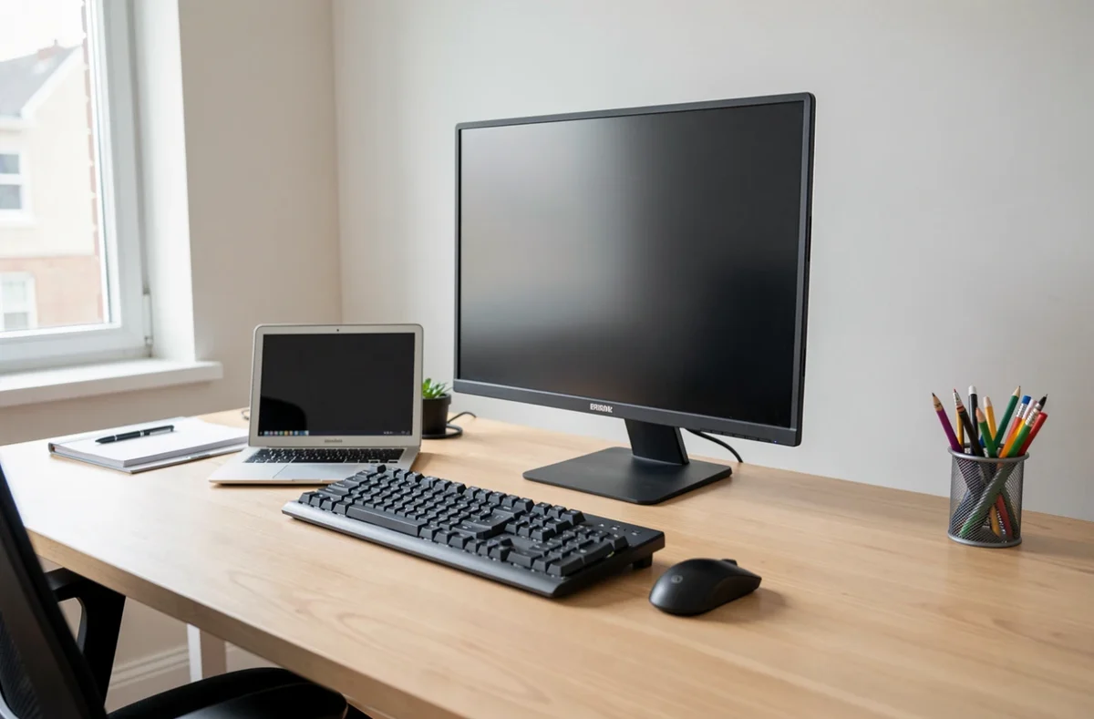 Poste de travail informatique complet avec ordinateur portable et écran