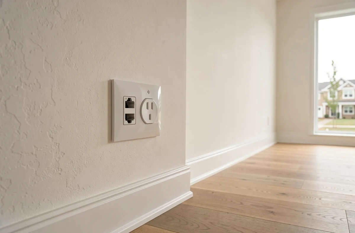 Prise murale RJ45 encastrée dans une maison neuve avec ports ethernet intégrés au tableau électrique du salon