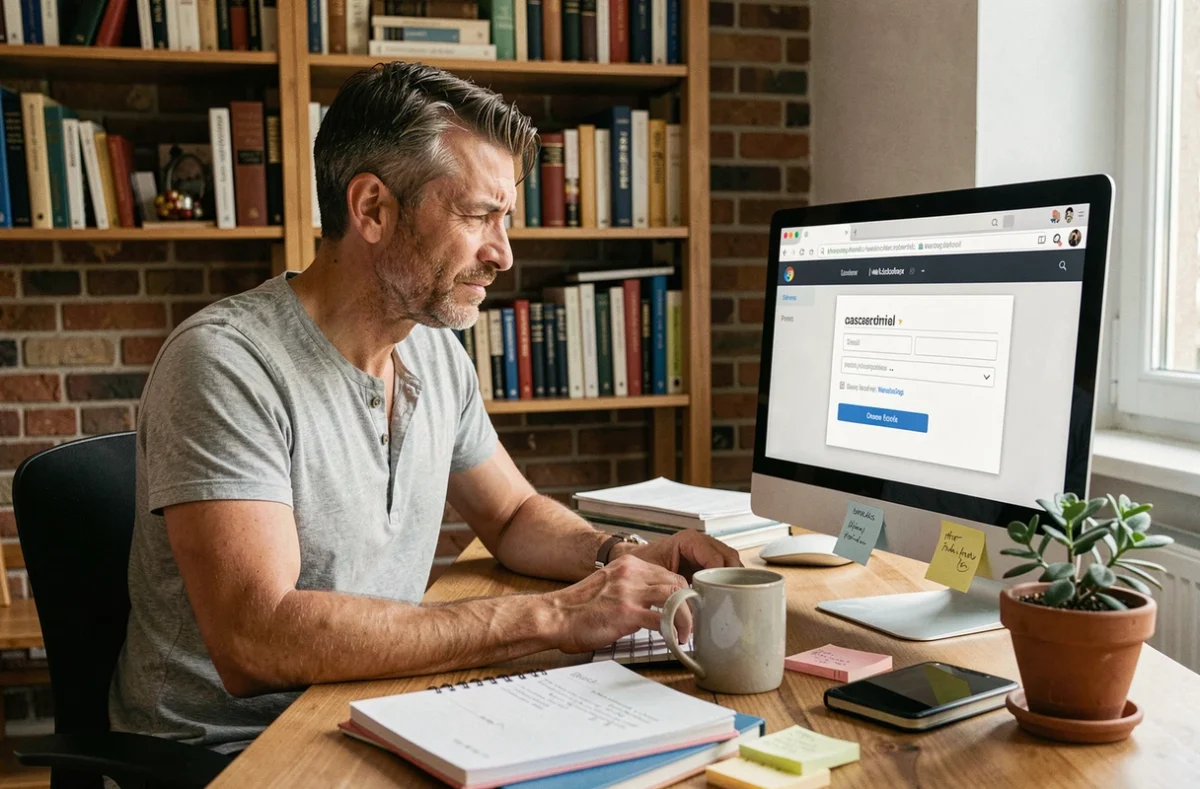 Homme en télétravail tentant de résoudre un problème de connexion à son webmail depuis son bureau à domicile