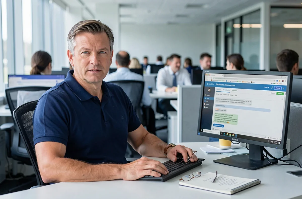 Professionnel en bureau diagnostiquant un problème d'accès à un site web avec des outils réseau sur double écran