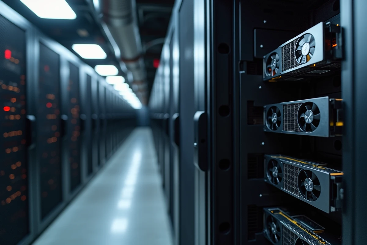Rack de serveurs en centre de données avec plusieurs cartes graphiques GPU pour l'intelligence artificielle