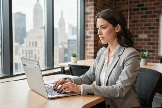 Femme professionnelle utilisant Google sur un ordinateur portable dans un espace de coworking à New York avec vue sur la skyline