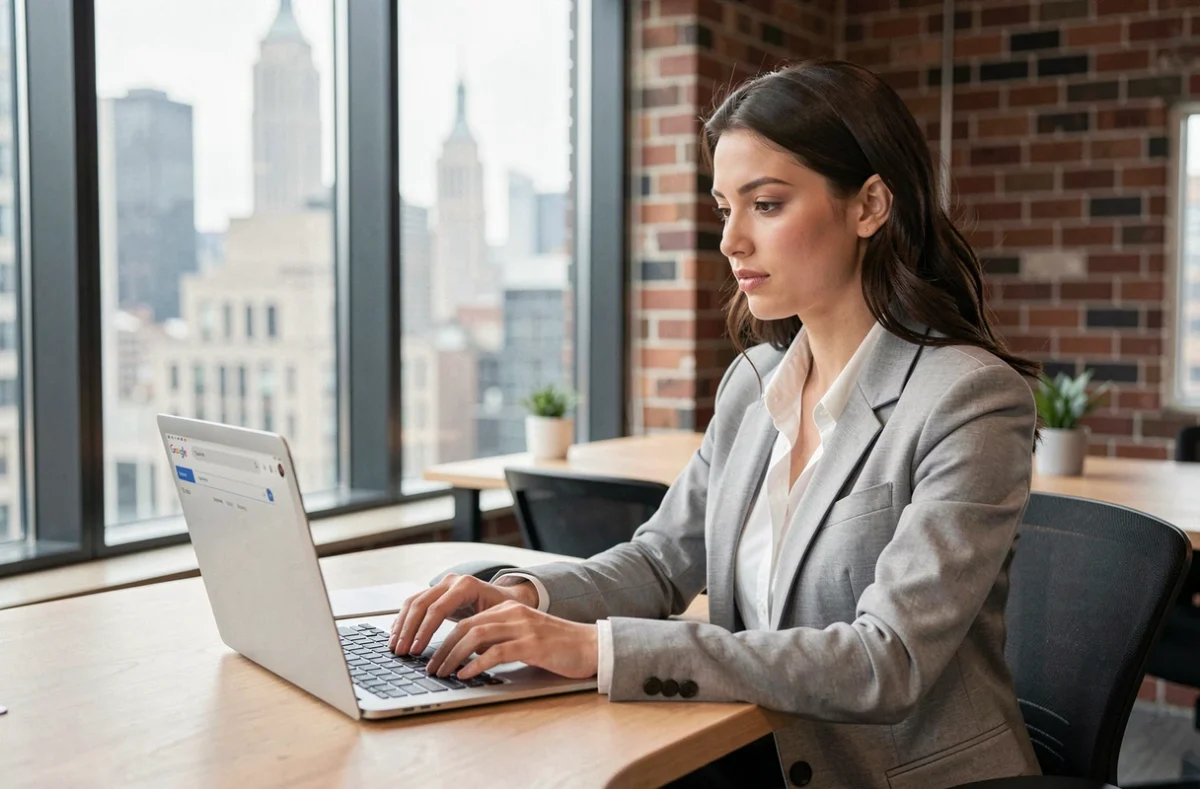 Femme professionnelle utilisant Google sur un ordinateur portable dans un espace de coworking à New York avec vue sur la skyline
