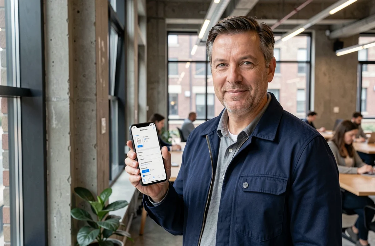 Homme ajustant les paramètres de lecture PDF sur un smartphone Android dans un espace de co-working