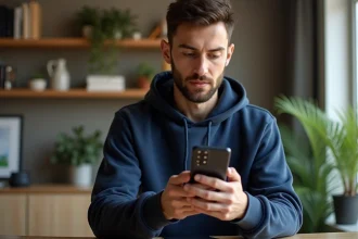 Homme consultant les réglages du Samsung Galaxy A25 5G dans un bureau à domicile moderne