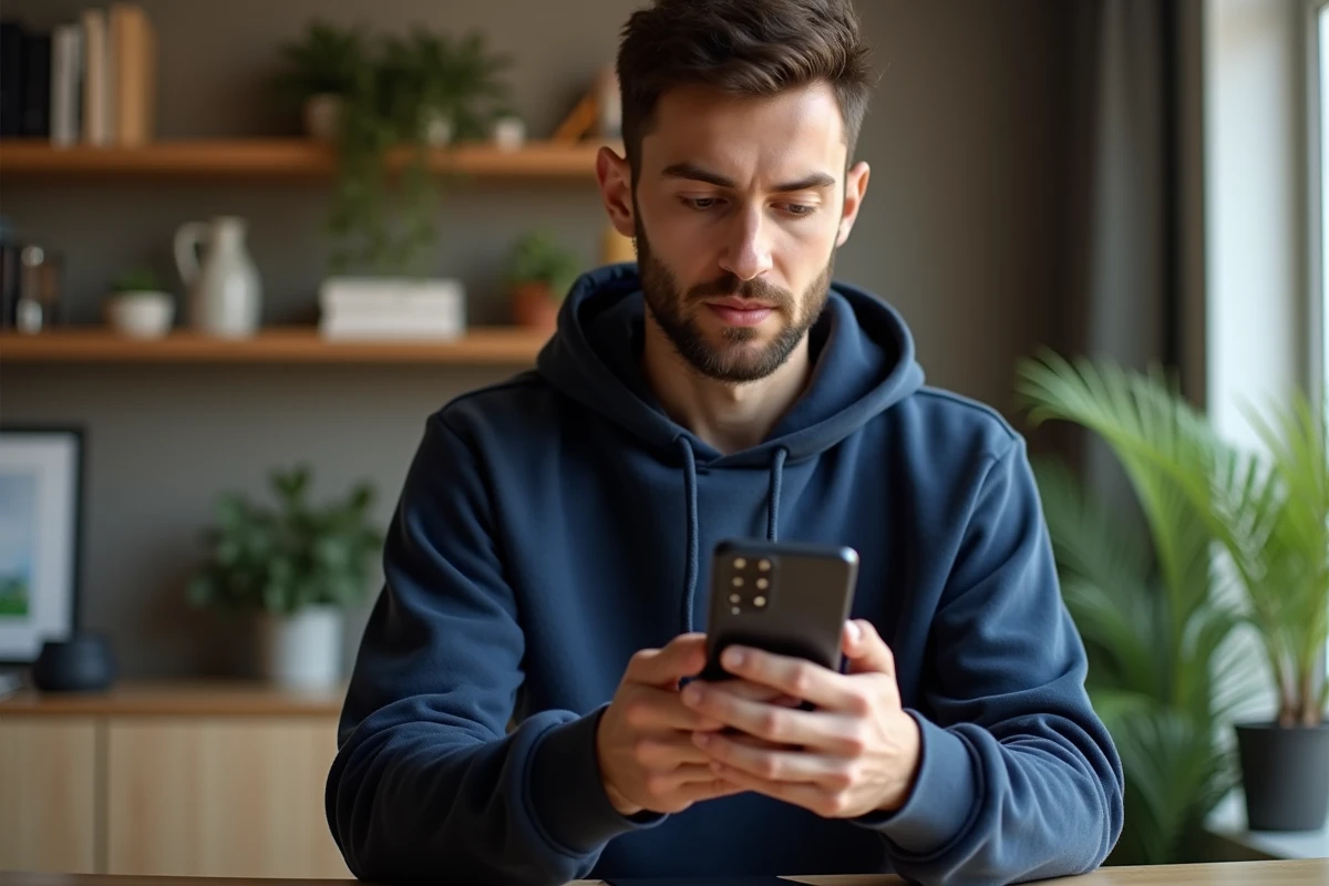 Homme consultant les réglages du Samsung Galaxy A25 5G dans un bureau à domicile moderne