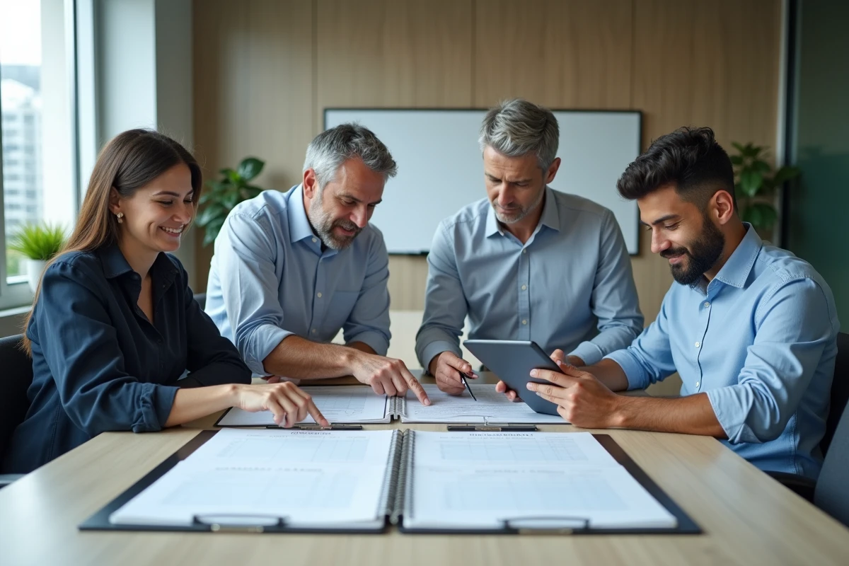 Groupe de quatre professionnels discutant autour d
