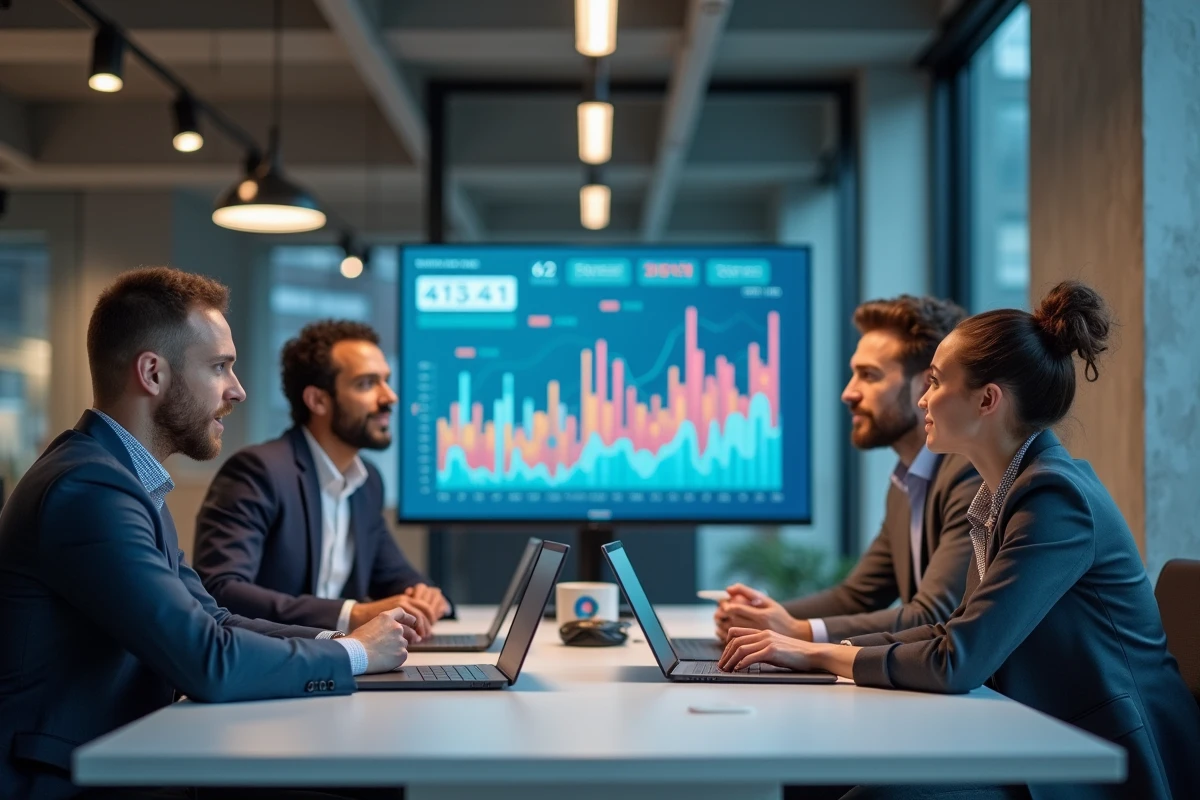 Groupe de collègues discutant autour d un écran d analyse