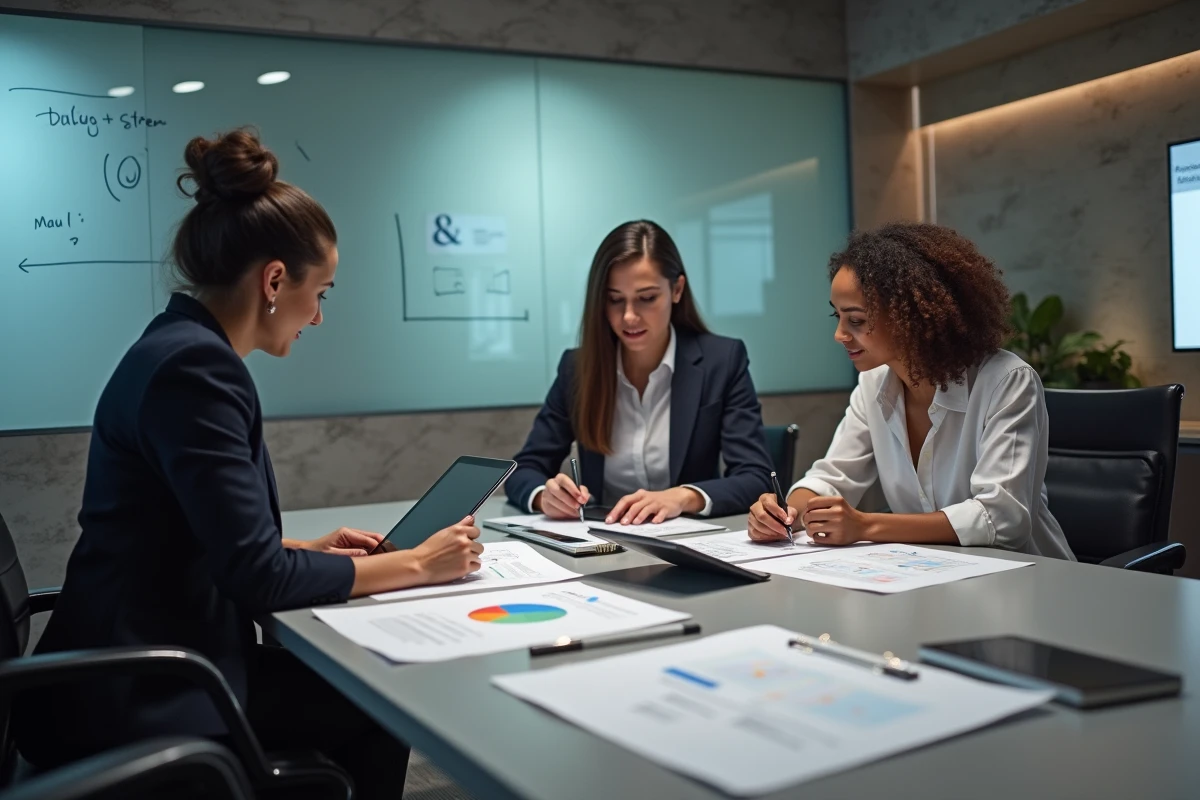 Groupe de professionnels en réunion collaborative avec table et technologie