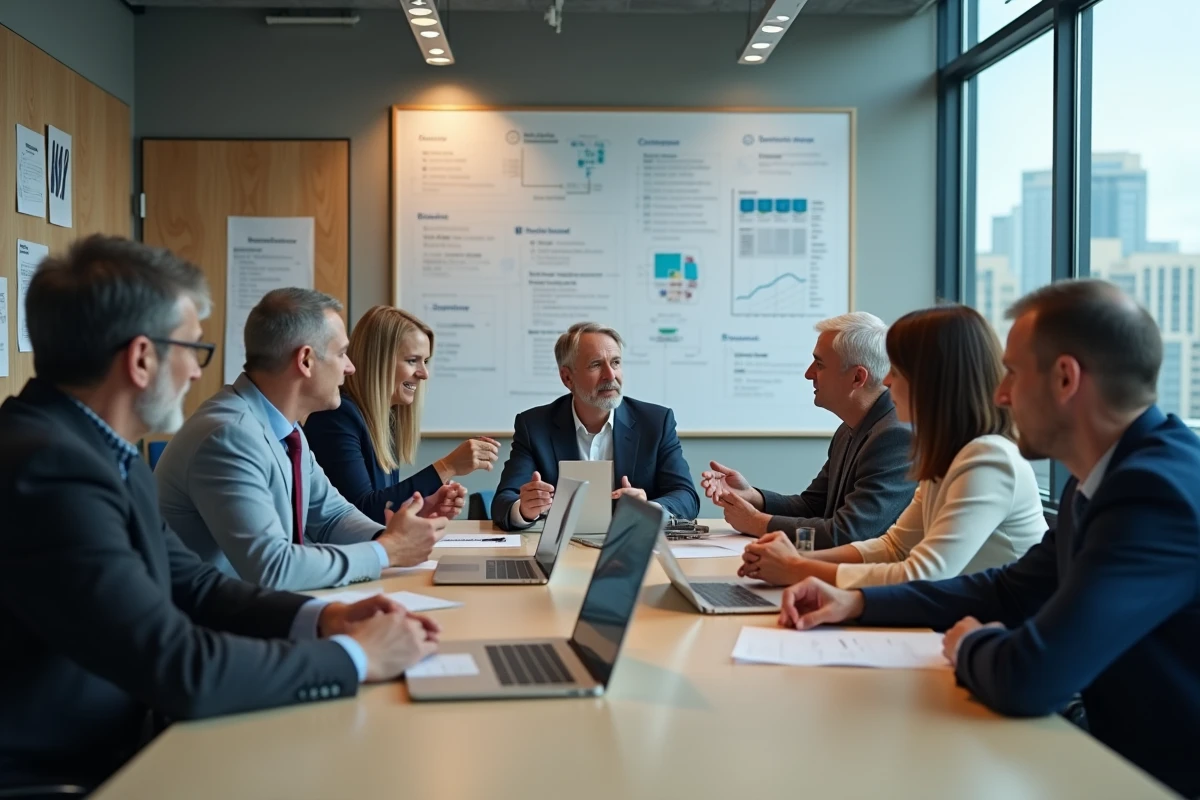 Groupe divers de professionnels discutant autour d