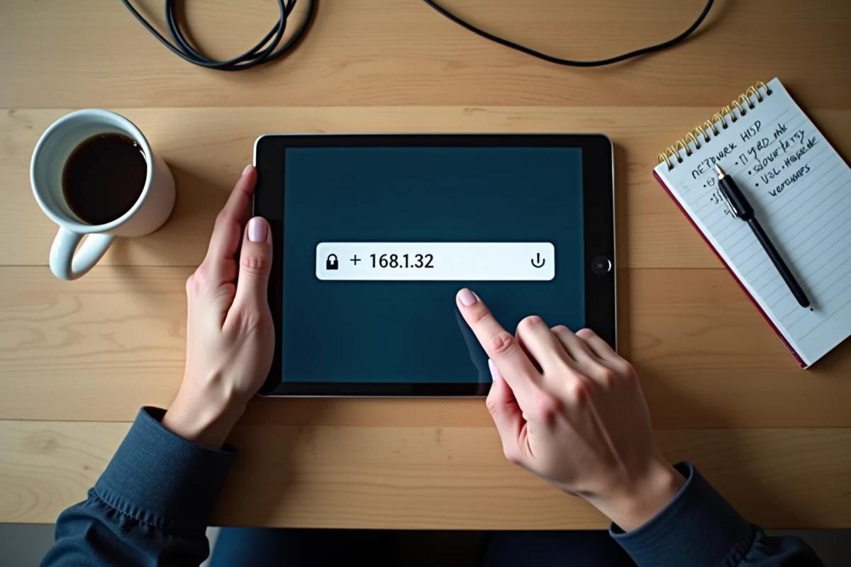 Mains tapant l'adresse IP 168.1..32 dans un navigateur sur une tablette posée sur une table de cuisine pour accéder à l'interface de la box