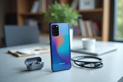 Samsung Galaxy A35 5G posé sur un bureau en béton gris avec des accessoires tech minimalistes