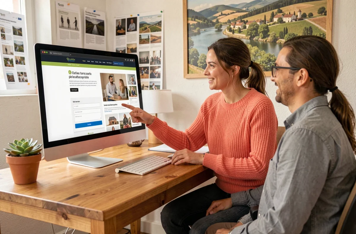 Développeuse de Sanoweb en Saône-et-Loire présentant un site internet finalisé en français à un client local satisfait