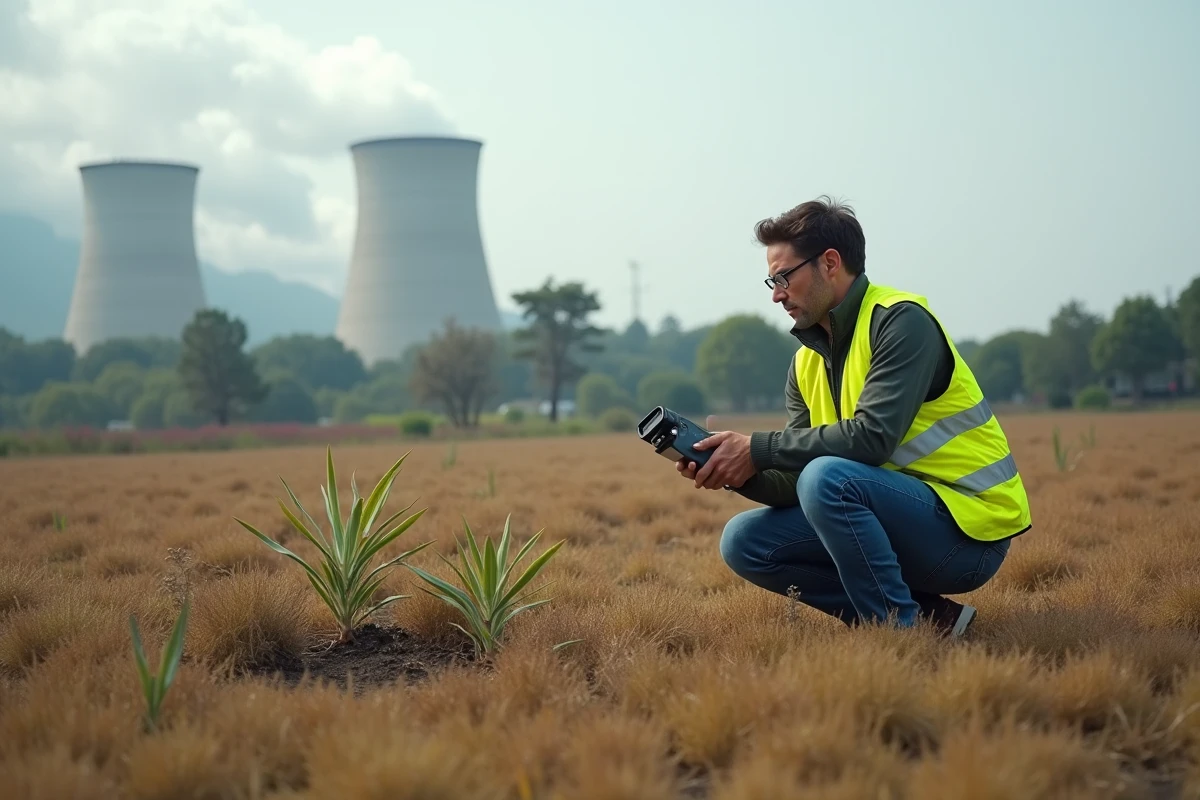 Scientifique en extérieur examinant la végétation près d une centrale